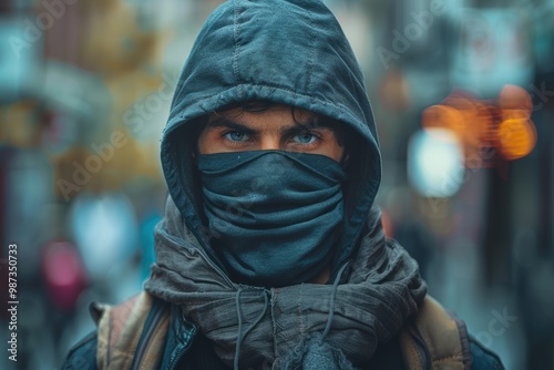 A young individual with piercing blue eyes wearing a hooded jacket and face covering stands in an urban environment, captured with a vivid background