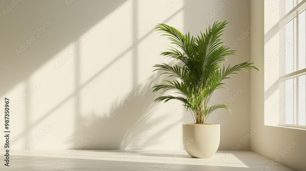 Modern, potted palm tree stands tall beside a large window in a light-filled living room Modern, potted palm tree stands tall beside a large window in a light-filled living room