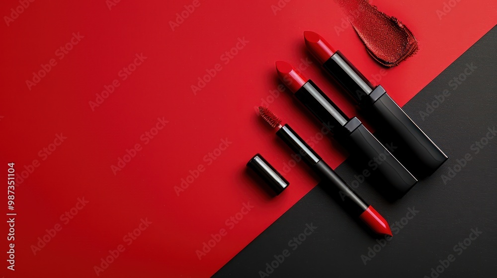 Make up layout made with red lipstick on dual tone red and black background Minimal and luxury make up cosmetic or beauty salon composition Flat lay top view copy space Make up layout made with red lipstick on dual tone red and black background Minimal and luxury make up cosmetic or beauty salon composition Flat lay top view copy space