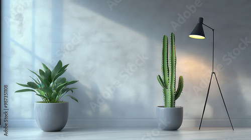 Tall 3D potted cactus in a smooth grey ceramic  photo