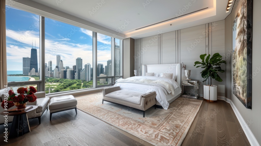 Modern and luxurious master bedroom with views of Chicago and Lake Michigan Condo or Hotel accommodation Modern and luxurious master bedroom with views of Chicago and Lake Michigan Condo or Hotel accommodation