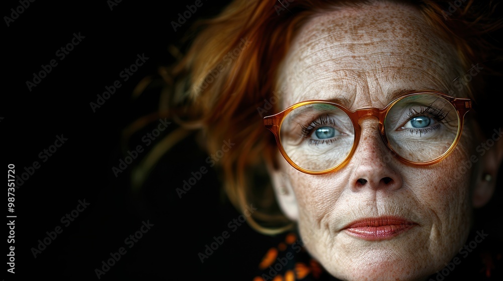 A striking close-up portrait of a woman with expressive eyes, wearing orange glasses, displaying signs of age and wisdom in her freckled skin amidst a dark background A striking close-up portrait of a woman with expressive eyes, wearing orange glasses, displaying signs of age and wisdom in her freckled skin amidst a dark background
