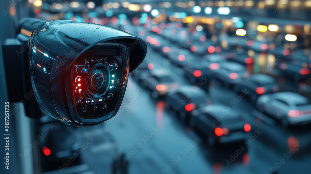 CCTV camera monitoring a futuristic parking lot with electric vehicles, [CCTV camera], [smart city parking and vehicle security] 