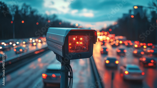 CCTV camera placed on a highway capturing fast-moving traffic, [CCTV camera], [road safety and traffic surveillance]