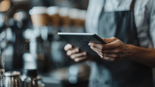 A close-up shot of a barista wearing an apron in a coffee shop as they use a tablet, with an array of coffee cups and machines in the blurry background.