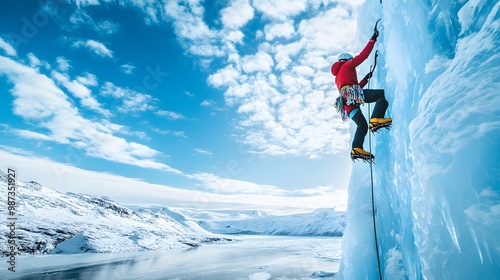 Wallpaper Mural Ice climbing, climbing on an ice wall, blue sky with white clouds Torontodigital.ca