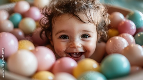 A lively child grins widely while playing in a bath filled with vibrant, multi-colored balls, their face a picture of happiness and childhood wonder.