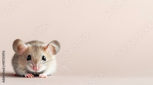 A cute mouse is seen peeking and lying on a pink background surface, highlighting its expressive eyes and adorable ears, making it a heartwarming and charming scene.