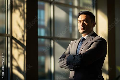 Serious businessman standing with arms crossed in a sunlit office