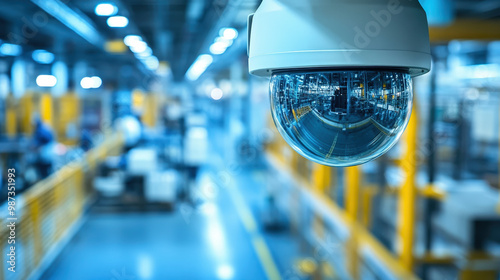 Industrial CCTV camera overlooking a factory floor, workers and machinery in motion, [CCTV camera], [industrial workplace safety and security] 