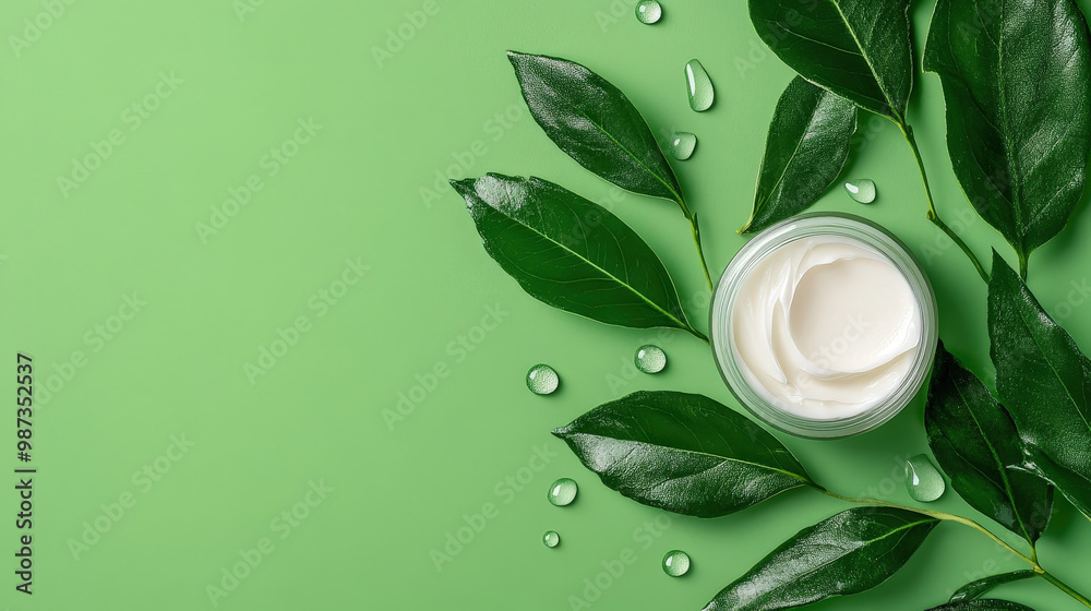 Skincare cream jar with fresh green leaves and water droplets, nature-inspired beauty product Skincare cream jar with fresh green leaves and water droplets, nature-inspired beauty product