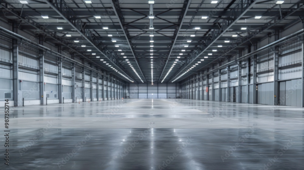 Photo of empty warehouse with bright lighting, grey concrete floor, white metal walls and steel ceiling. Large room for small factory or production line. Photo of empty warehouse with bright lighting, grey concrete floor, white metal walls and steel ceiling. Large room for small factory or production line.