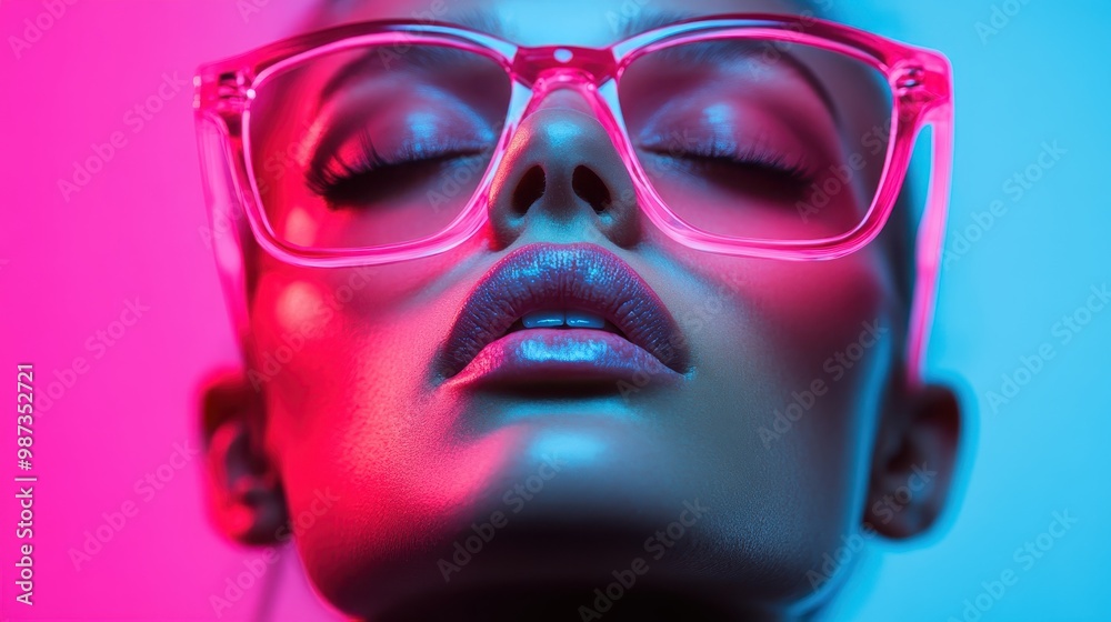 A striking image of modern eyewear illuminated by bright pink lighting, set against a blue backdrop. The vivid colors and contemporary design make it a trendy fashion piece. A striking image of modern eyewear illuminated by bright pink lighting, set against a blue backdrop. The vivid colors and contemporary design make it a trendy fashion piece.