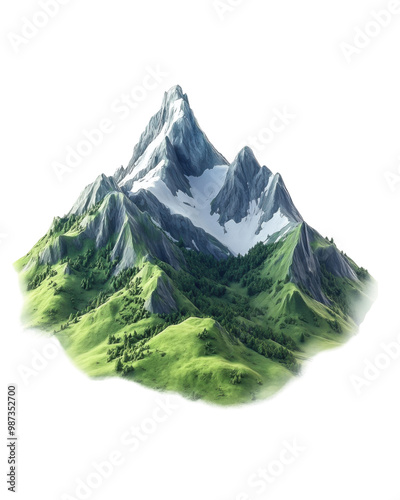 Mountain scenery with lush green hills and snow-capped peaks on a white isolate background.