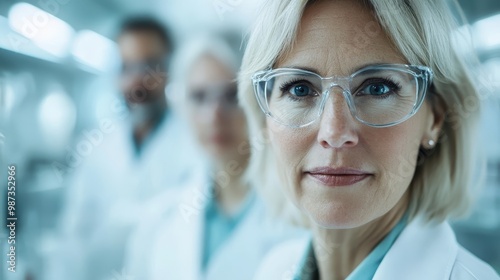 A female scientist wearing protective eyewear and a lab coat gazes intently in a bright lab, embodying precision, scientific inquiry, and gender diversity in STEM.