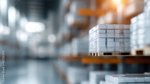 A large warehouse orderly stacked with paper products on wooden pallets, illuminated with bright natural light creating a clean, efficient and organized storage environment.