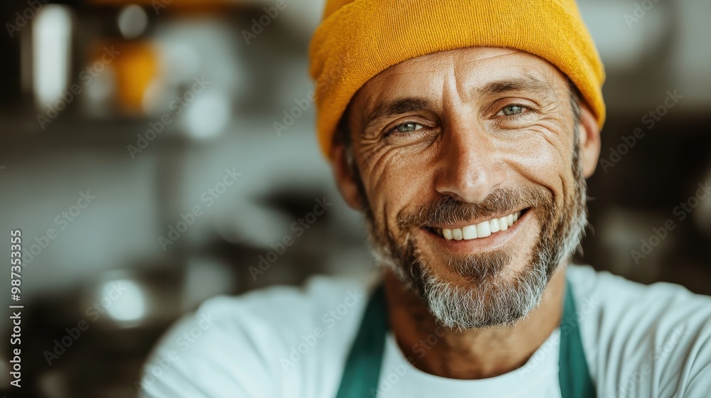 A smiling man wearing a yellow beanie and apron stands in a warm, inviting kitchen setting, exuding friendliness and a love for cooking and home environment. A smiling man wearing a yellow beanie and apron stands in a warm, inviting kitchen setting, exuding friendliness and a love for cooking and home environment.