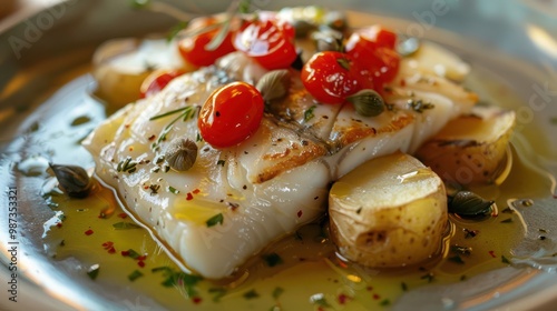 Stockfish white without tomatoes in Messina style Cod stewed with cherry tomatoes caper olive oil and potato Traditional plate of Messina Sicily Italy Selective focus