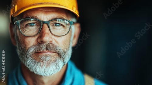 An elderly man wearing glasses and a hard hat shows a poised and thoughtful expression, captured in a close-up that highlights his experience against a simple background.