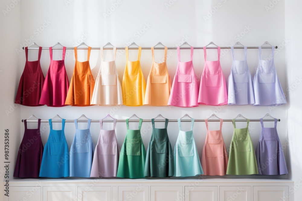 A stunning display of highly sought-after aprons in a dazzling array of colors, expertly arranged A stunning display of highly sought-after aprons in a dazzling array of colors, expertly arranged