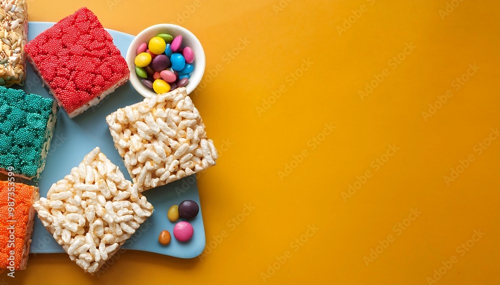 Colorful Rice Krispie Treats with various toppings.
Colorful Rice Krispie Treats with various toppings.