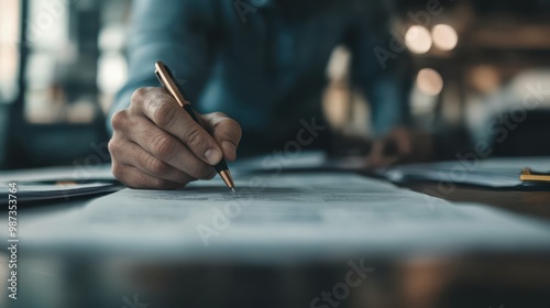 A close-up image of a person signing a formal document with a black pen, focusing on the hand and the document on a desk in a professional setting.