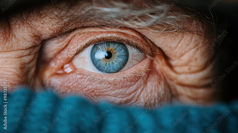 An extreme close-up image of an elderly person's blue eye, showcasing detailed iris patterns and wrinkles around the eye, symbolizing wisdom and life experience. An extreme close-up image of an elderly person's blue eye, showcasing detailed iris patterns and wrinkles around the eye, symbolizing wisdom and life experience.