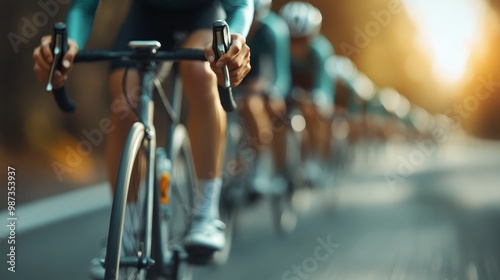 A dynamic, energetic image of cyclists racing on the road, captured in motion blur on a sunny day, embodying speed, competition, and outdoor sportsmanship.