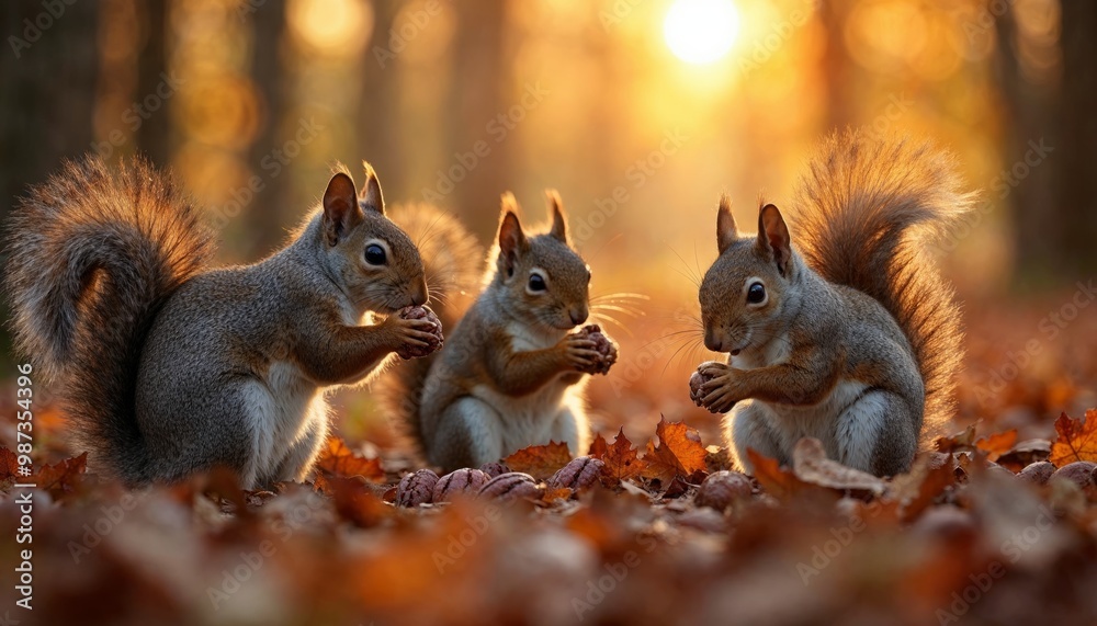 Three adorable squirrels eating nuts in a forest during golden hour Three adorable squirrels eating nuts in a forest during golden hour