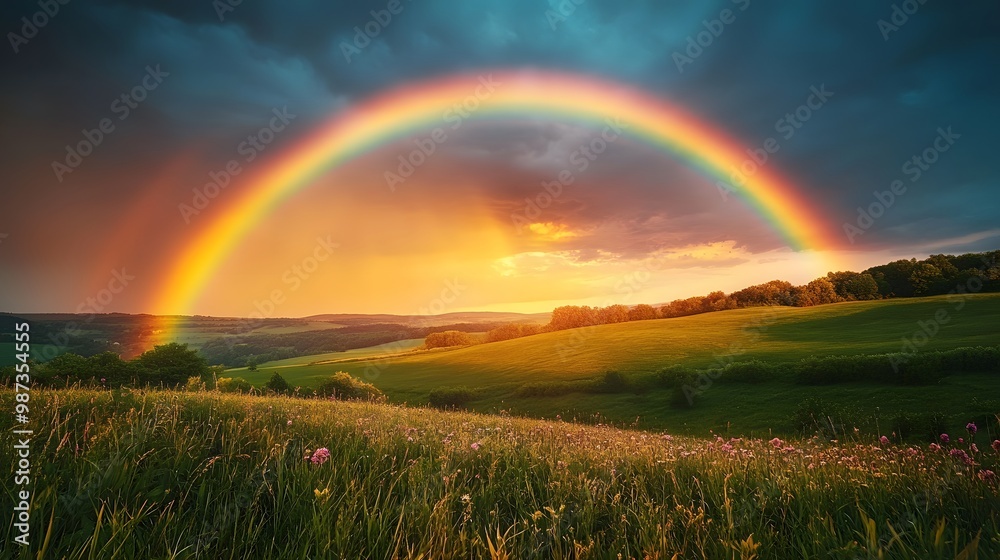 A vibrant rainbow arcs across a stormy sky over lush green hills, with golden hour lighting creating a dramatic landscape and vivid countryside panorama. A vibrant rainbow arcs across a stormy sky over lush green hills, with golden hour lighting creating a dramatic landscape and vivid countryside panorama.