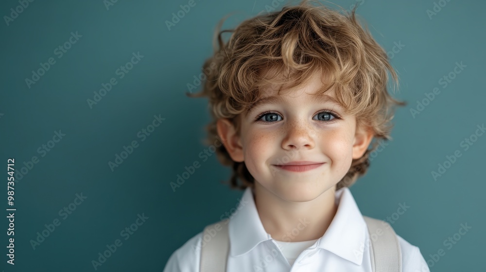 A lively young boy with curly hair and wearing a white shirt, stands against a soft green background, emanating sweetness and innocent charm while smiling warmly. A lively young boy with curly hair and wearing a white shirt, stands against a soft green background, emanating sweetness and innocent charm while smiling warmly.