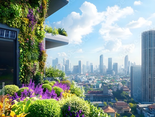 Green balcony with city skyline view. photo