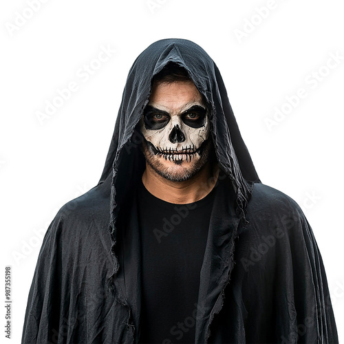 Handsome man wearing Grim Reaper costume isolate on transparent background