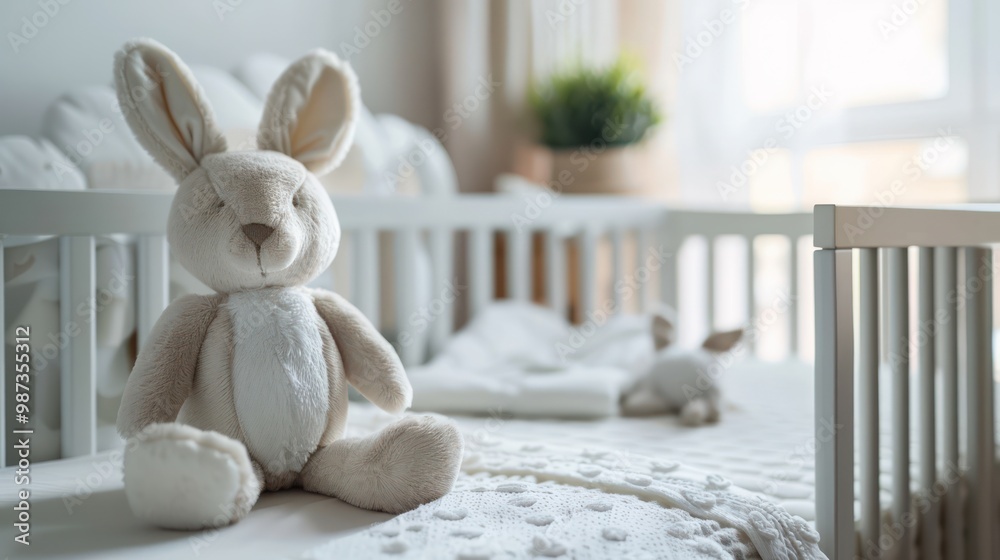 Wooden white baby crib and toy rabbit close up Wooden white baby crib and toy rabbit close up