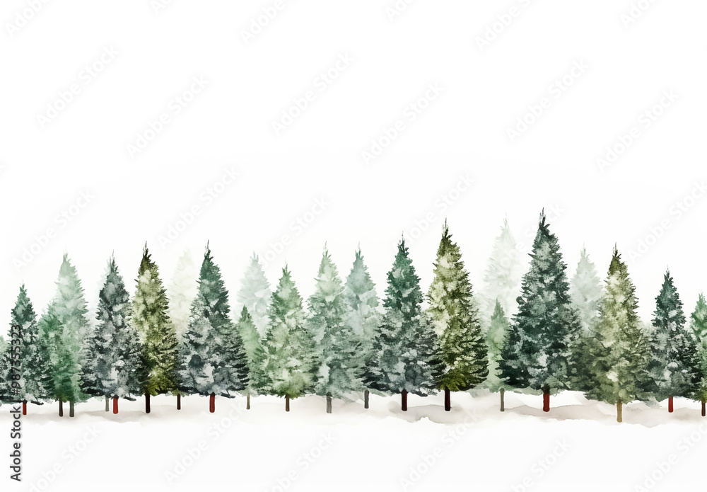 Obraz premium Winter landscape with snow and pines watercolor illustration