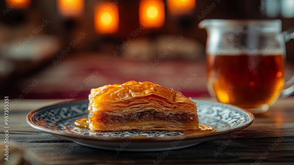 A piece of baklava on a plate with a glass of tea. A piece of baklava on a plate with a glass of tea.