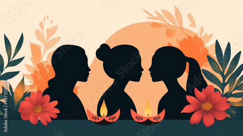 illustration of a couple silhouette with a Laxmi Puja background, their heads touching and hearts intertwined, symbolizing love and passion photo