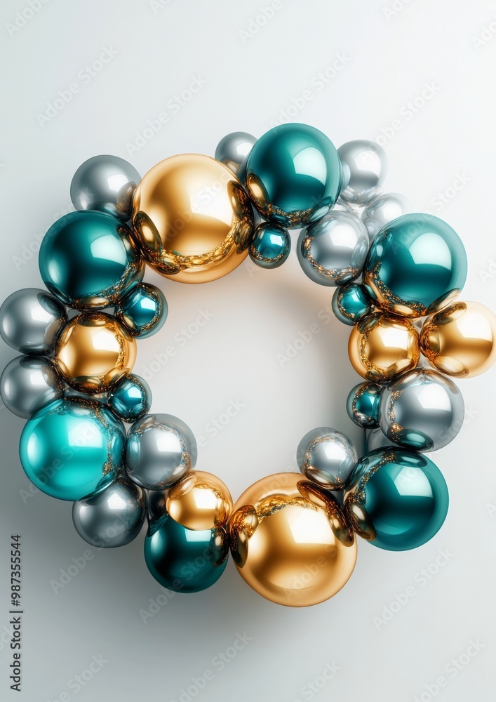 A wreath made of shiny, metallic balls in various sizes and colors A wreath made of shiny, metallic balls in various sizes and colors