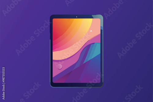 A tablet with a colorful abstract wallpaper on a purple background.