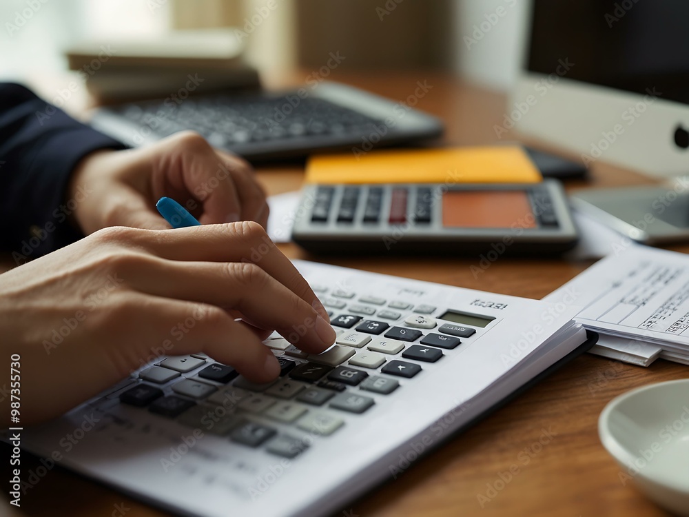 Close-up of hands using a calculator amid organized paperwork and a digital tablet.