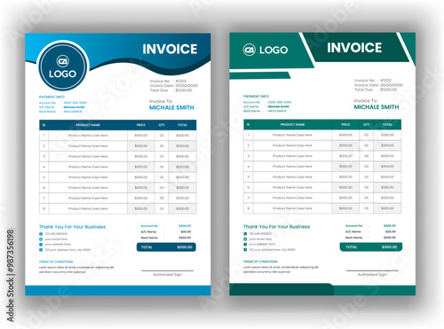 Professional and modern invoice template. invoice design template with A4 size, easy and minimal billing for corporate invoices with 2 Style sets.