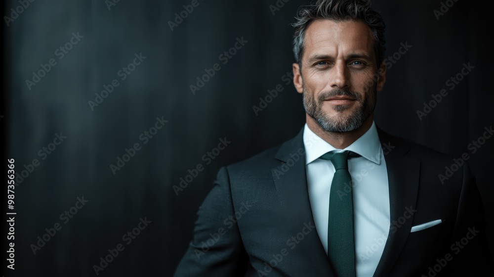 A confident man with a refined appearance stands against a dark background, well-dressed in a suit with a green tie, symbolizing authority and professionalism. A confident man with a refined appearance stands against a dark background, well-dressed in a suit with a green tie, symbolizing authority and professionalism.