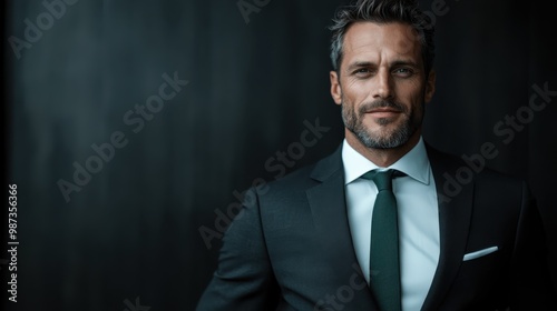 A confident man with a refined appearance stands against a dark background, well-dressed in a suit with a green tie, symbolizing authority and professionalism.