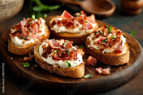 Bruschetta with prosciutto bacon and cream cheese on wooden plate , ai