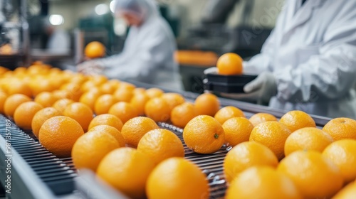 Efficiency in Motion - Organic Orange Juice Production Line with Quality Control Workers in Lab Coats
