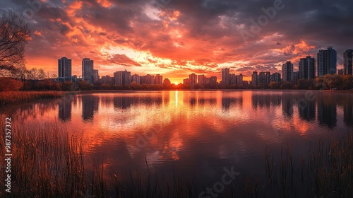 A breathtaking scene of flaming clouds in the sky, vividly illuminated by the setting sun. 