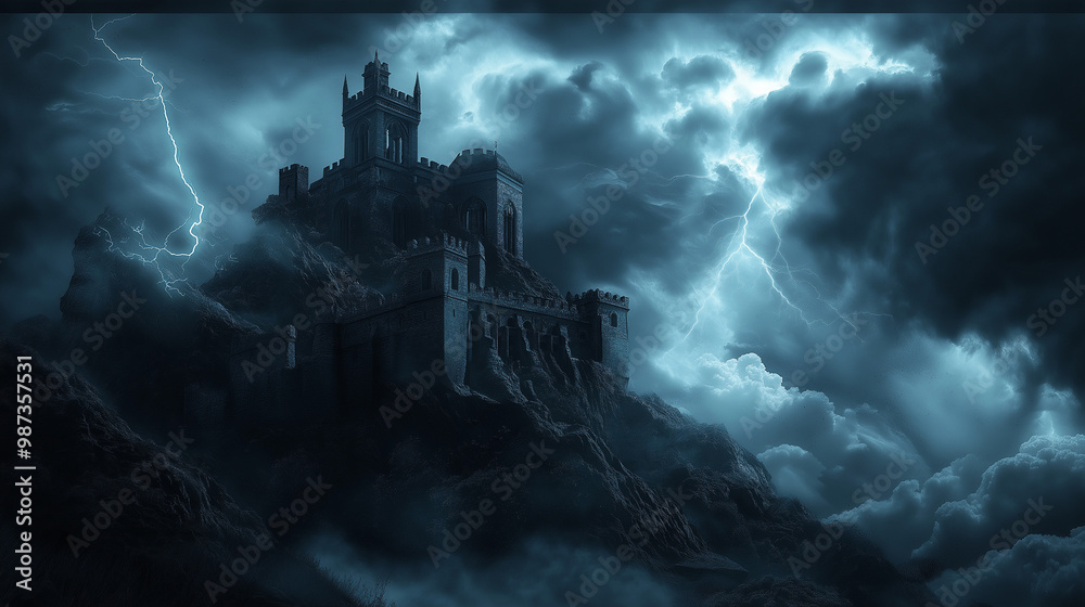 Gothic castle on a stormy night with lightning, dramatic fantasy landscape