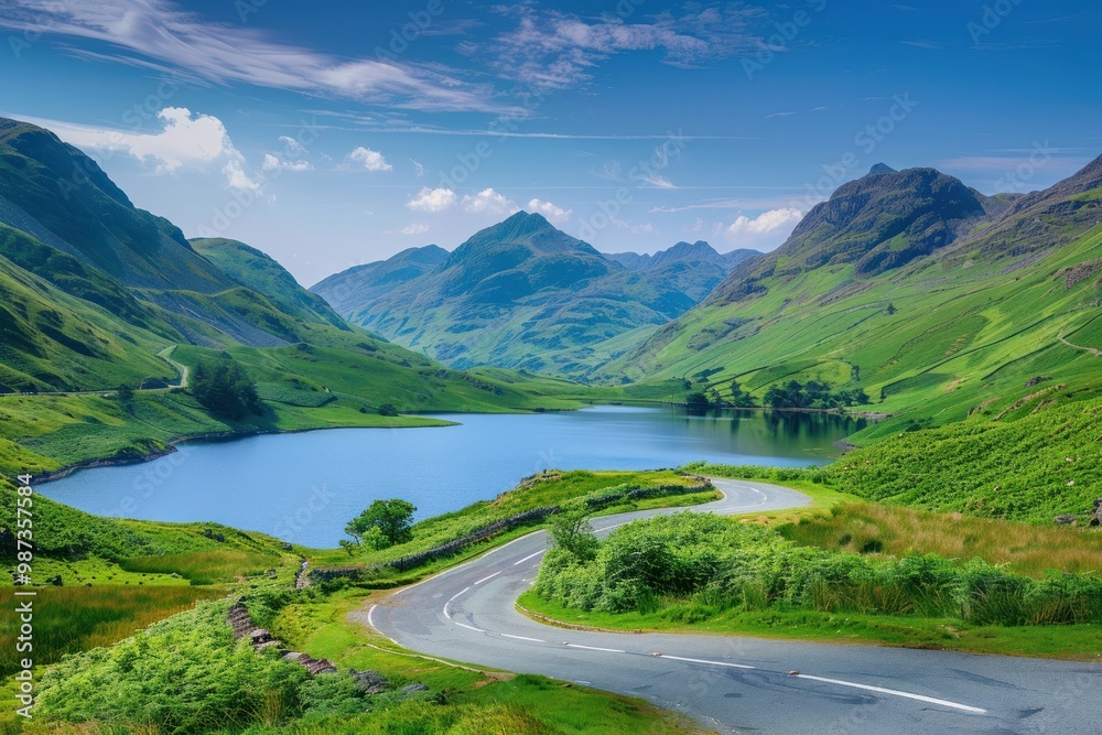 A winding mountain road snaking its way through a lush valley, with a majestic mountain range in the distance and a crystal-clear lake reflecting the blue sky.