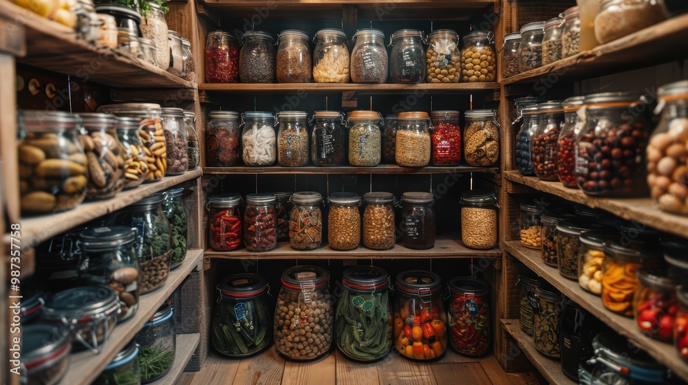 A rustic food preservation setup featuring a variety of preserved vegetables, beans, grains, and spices neatly arranged in glass jars on wooden shelves A rustic food preservation setup featuring a variety of preserved vegetables, beans, grains, and spices neatly arranged in glass jars on wooden shelves
