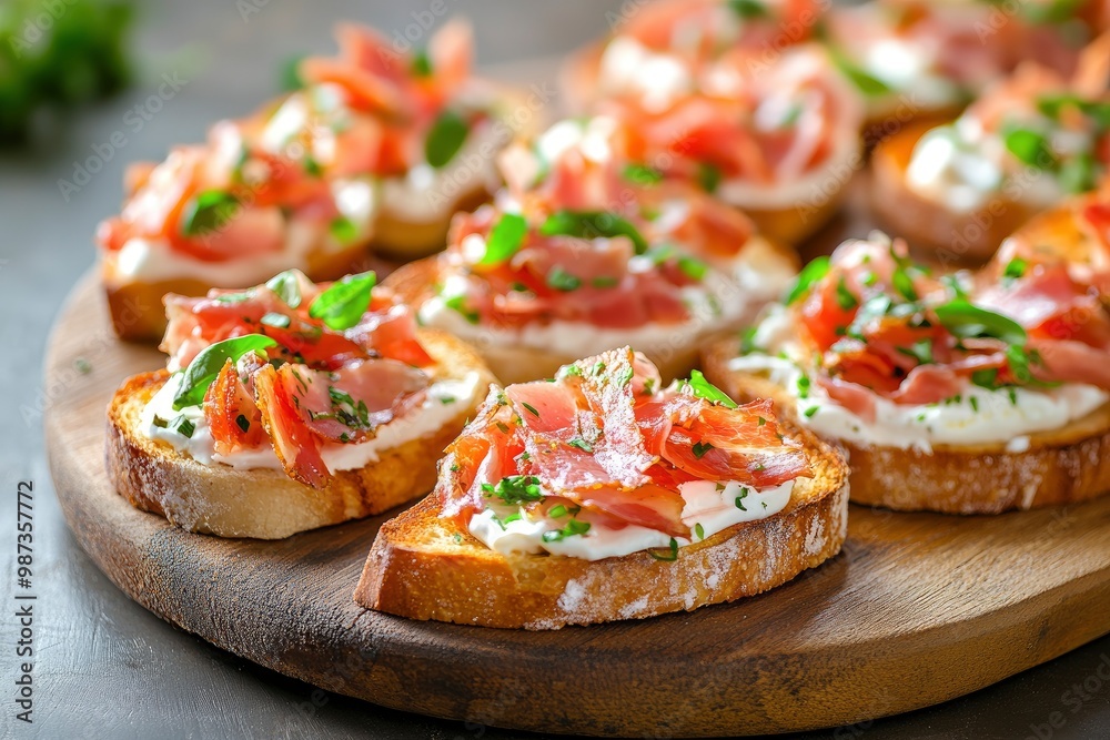 Bruschetta with prosciutto bacon and cream cheese on wooden plate , ai Bruschetta with prosciutto bacon and cream cheese on wooden plate , ai